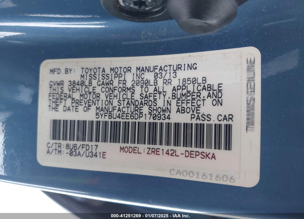 2013 TOYOTA COROLLA S VIN: 5YFBU4EE6DP170934