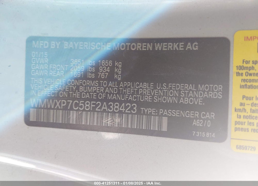 2015 MINI HARDTOP VIN: WMWXP7C58F2A38423