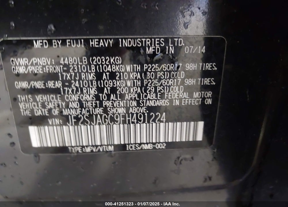 2015 SUBARU FORESTER 2.5I PREMIUM VIN: JF2SJAGC9FH491224