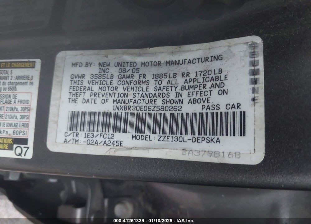 2006 TOYOTA COROLLA S VIN: 1NXBR30E06Z580262