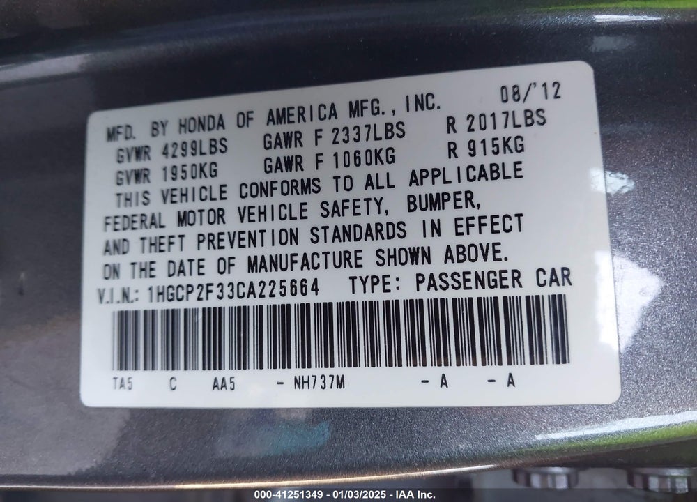 2012 HONDA ACCORD 2.4 LX VIN: 1HGCP2F33CA225664
