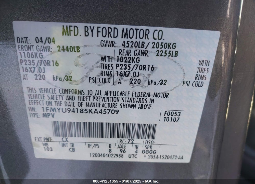2005 FORD ESCAPE LIMITED VIN: 1FMYU94185KA45709