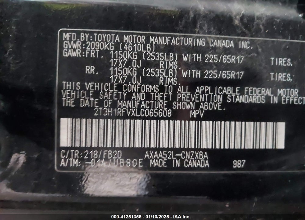 2020 TOYOTA RAV4 VIN: 2T3H1RFVXLC065608