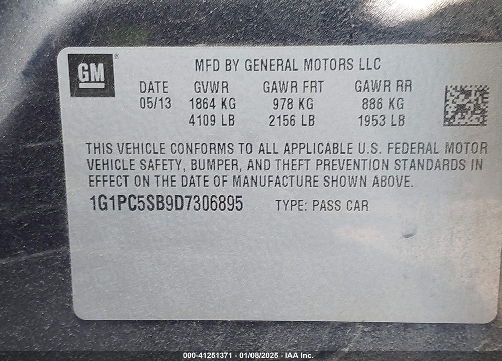 2013 CHEVROLET CRUZE VIN: 1G1PC5SB9D7306895