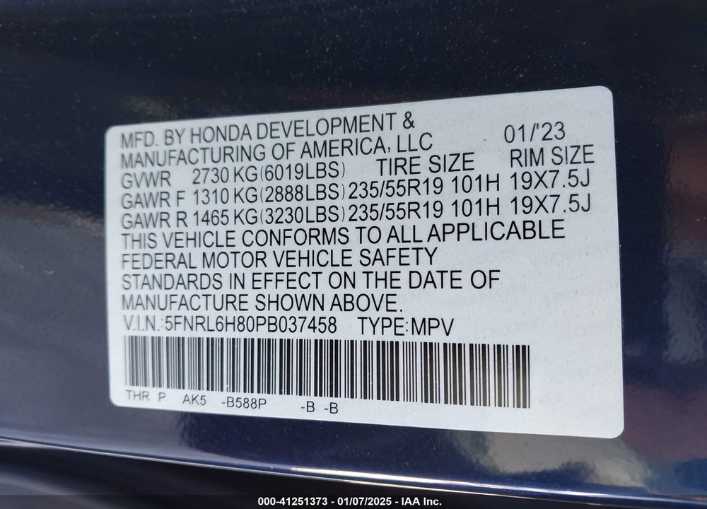 2023 HONDA ODYSSEY TOURING VIN: 5FNRL6H80PB037458