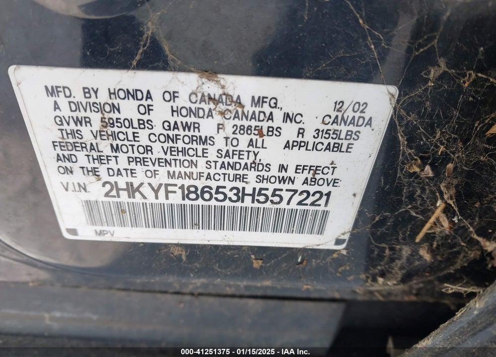 2003 HONDA PILOT EX-L VIN: 2HKYF18653H557221