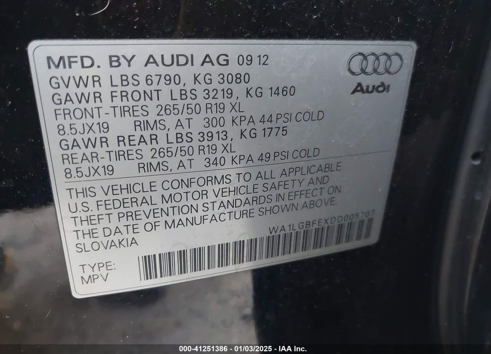 2013 AUDI Q7 3.0T PREMIUM VIN: WA1LGBFEXDD005707