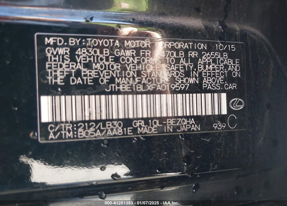 2015 LEXUS GS VIN: JTHBE1BLXFA019597