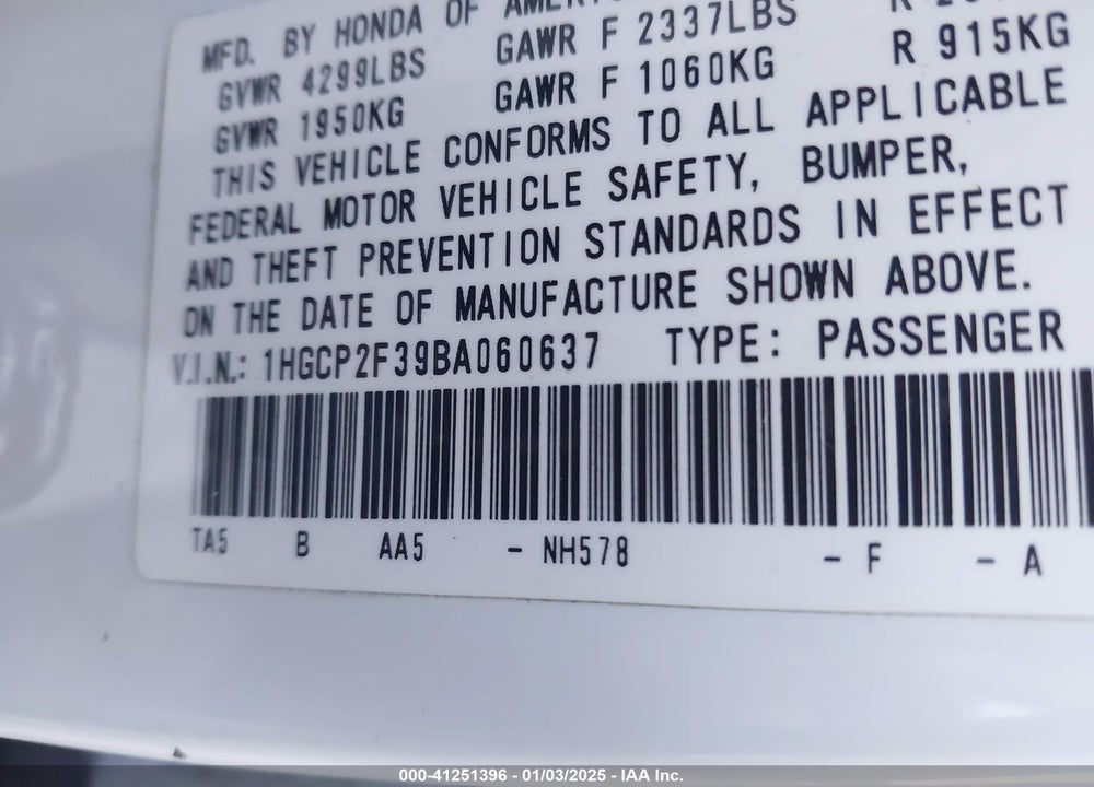 2011 HONDA ACCORD 2.4 LX VIN: 1HGCP2F39BA060637