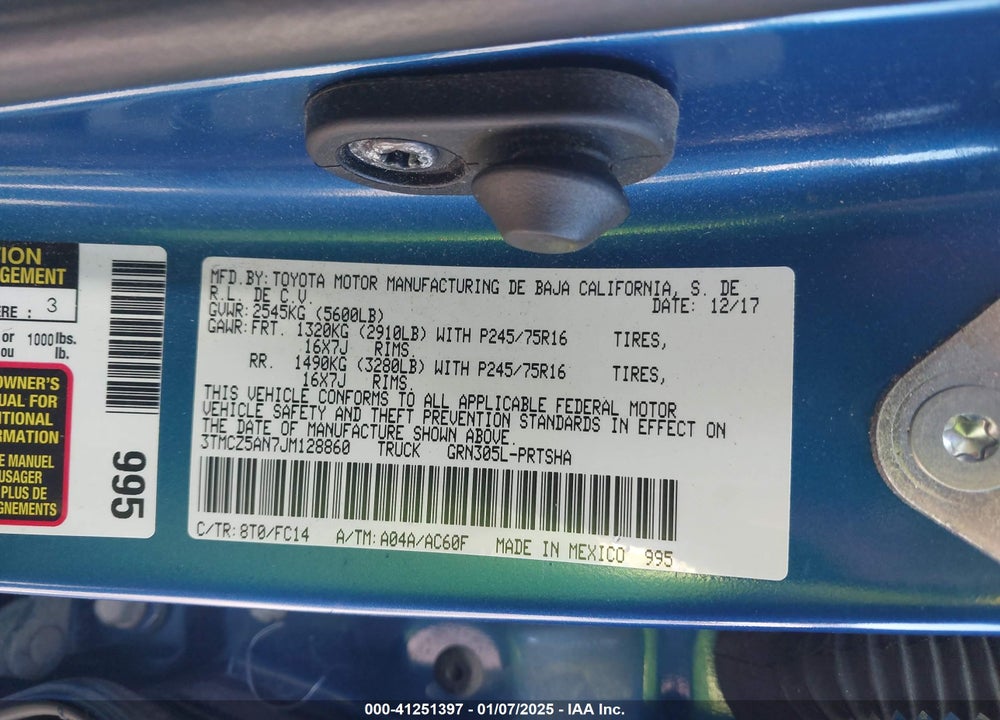 2018 TOYOTA TACOMA VIN: 3TMCZ5AN7JM128860