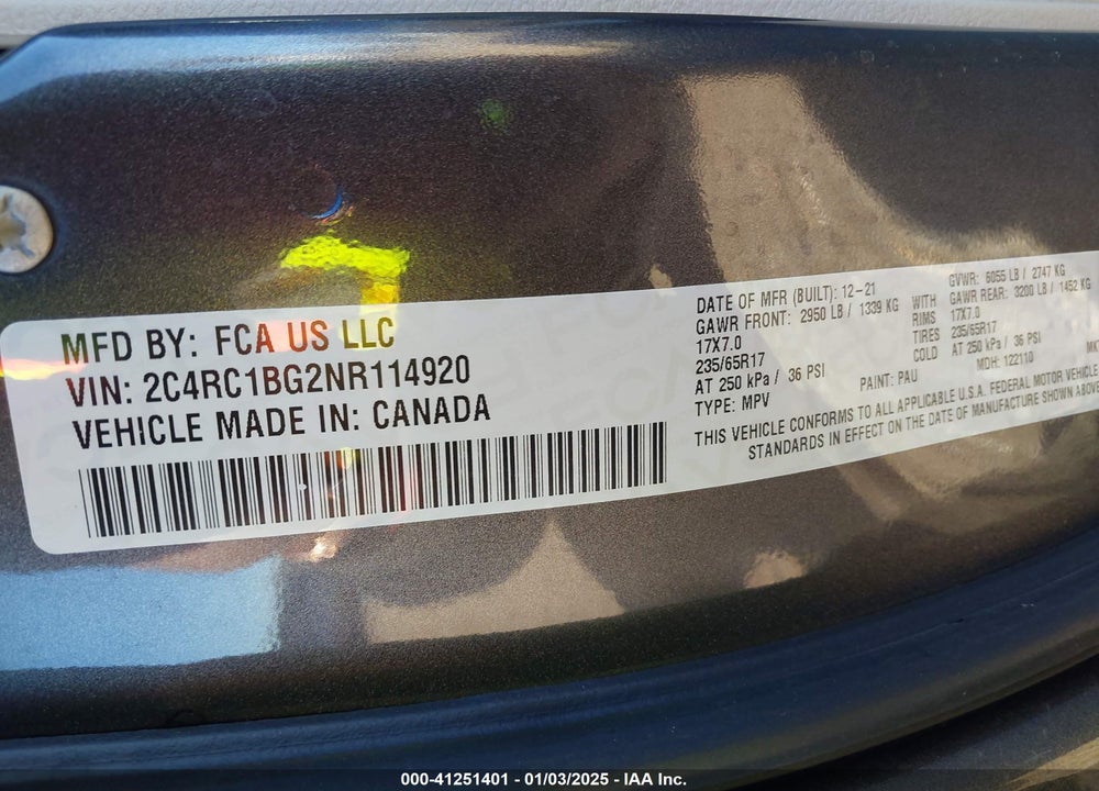 2022 CHRYSLER PACIFICA TOURING L VIN: 2C4RC1BG2NR114920