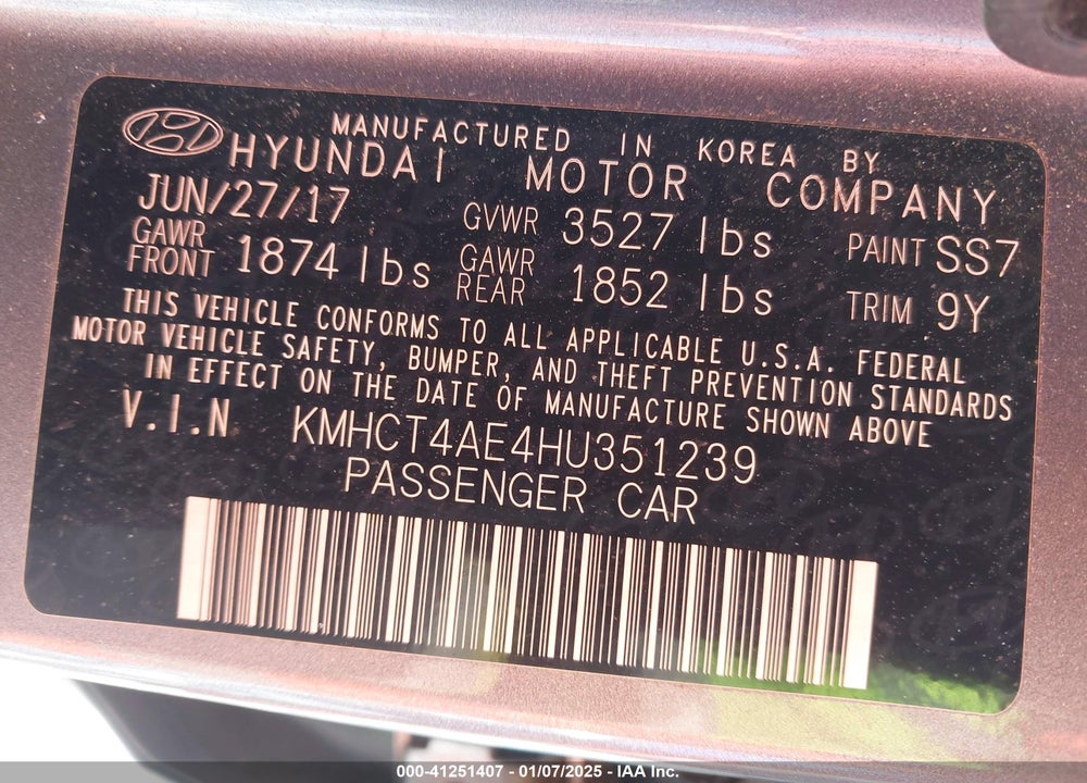 2017 HYUNDAI ACCENT SE VIN: KMHCT4AE4HU351239