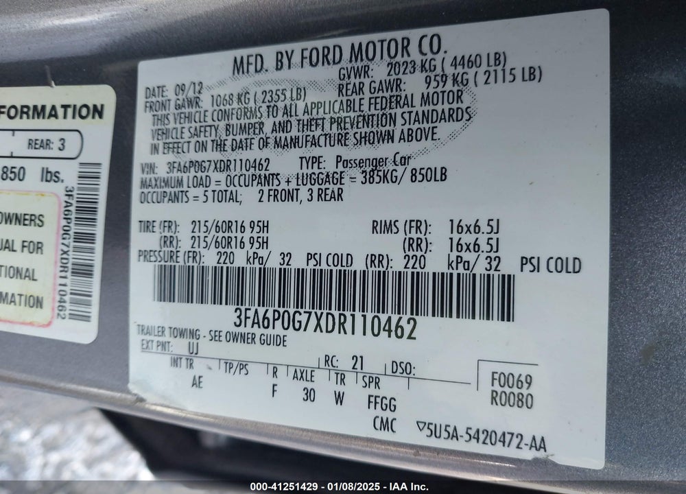 2013 FORD FUSION S VIN: 3FA6P0G7XDR110462
