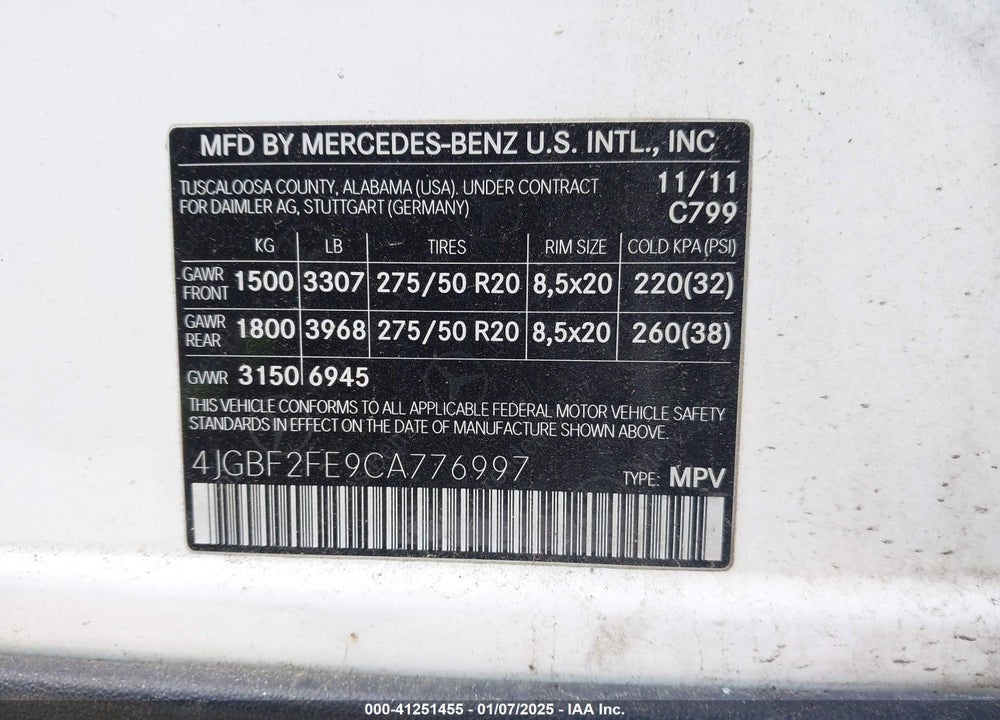 2012 MERCEDES-BENZ GL 350 BLUETEC 4MATIC VIN: 4JGBF2FE9CA776997
