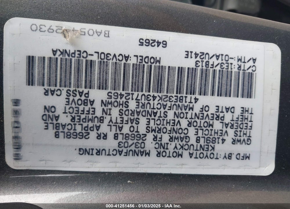 2003 TOYOTA CAMRY LE VIN: 4T1BE32K43U712465