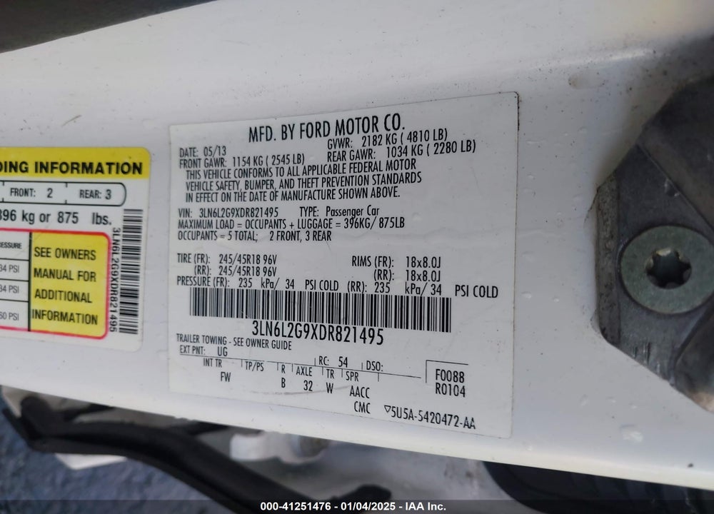 2013 LINCOLN MKZ VIN: 3LN6L2G9XDR821495