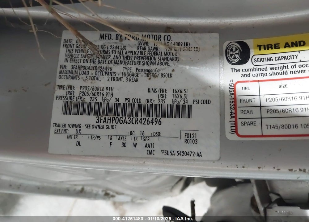 2012 FORD FUSION S VIN: 3FAHP0GA3CR426496
