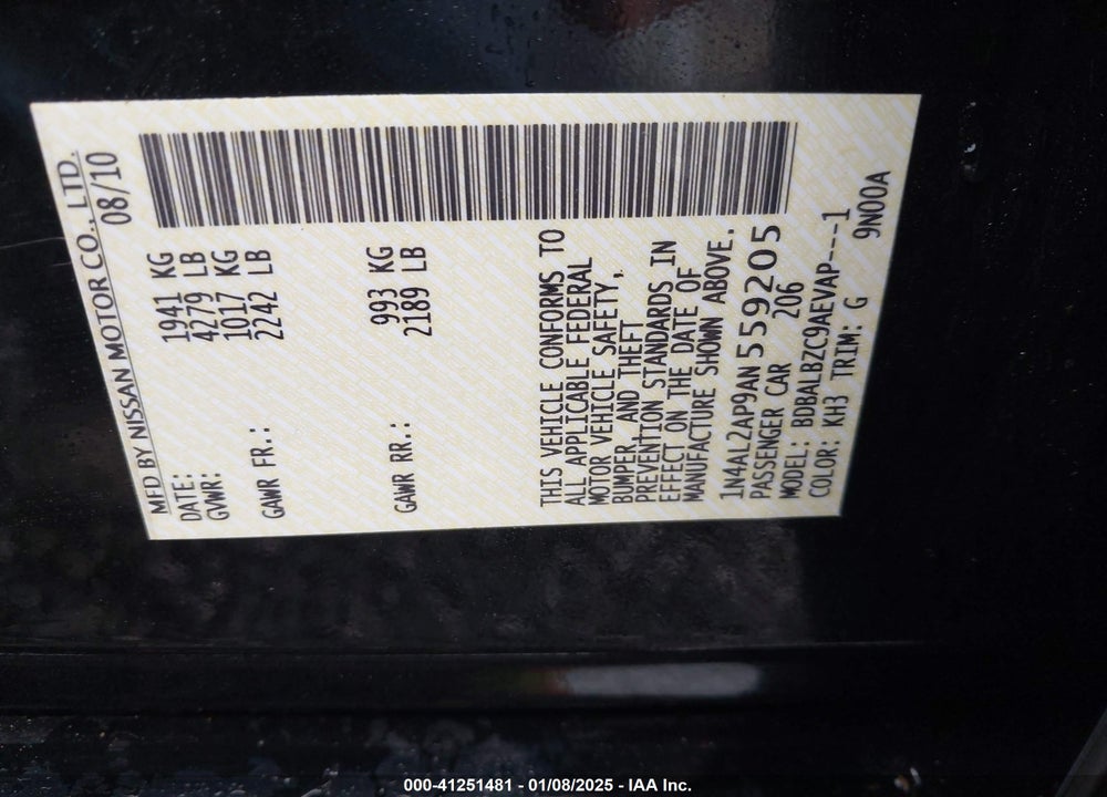 2010 NISSAN ALTIMA 2.5 S VIN: 1N4AL2AP9AN559205