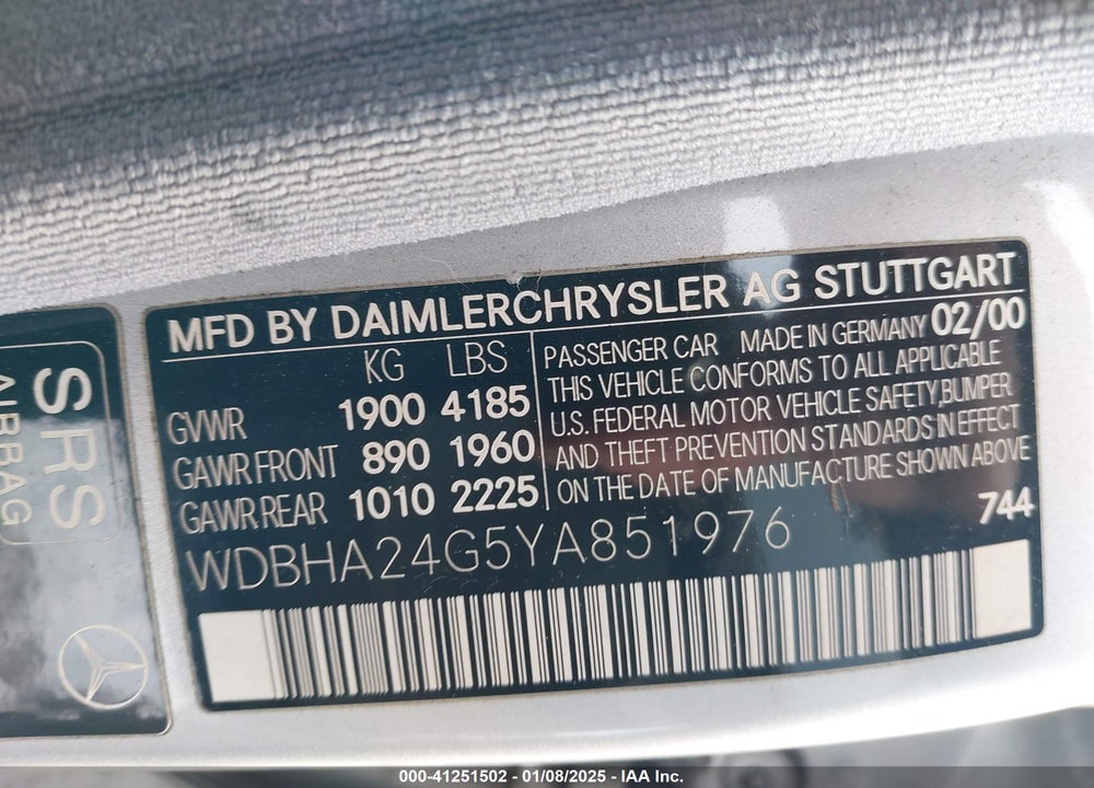 2000 MERCEDES-BENZ C-CLASS KOMPRESSOR VIN: WDBHA24G5YA851976