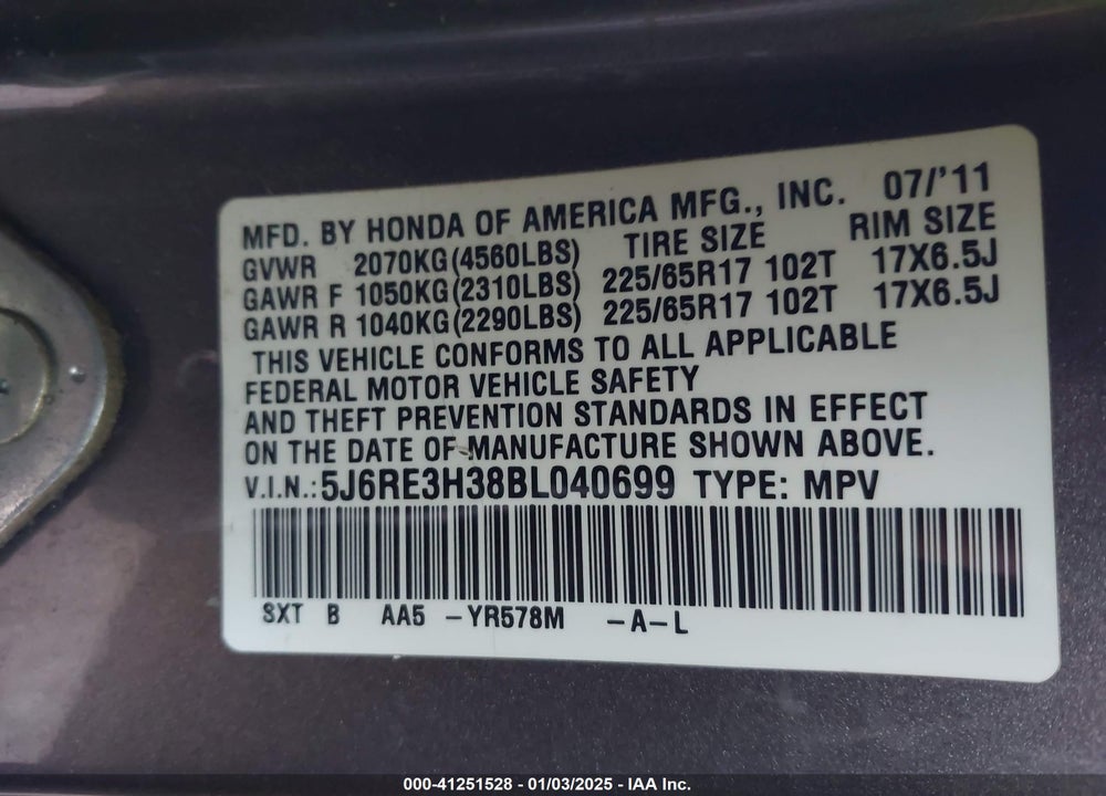 2011 HONDA CR-V LX VIN: 5J6RE3H38BL040699