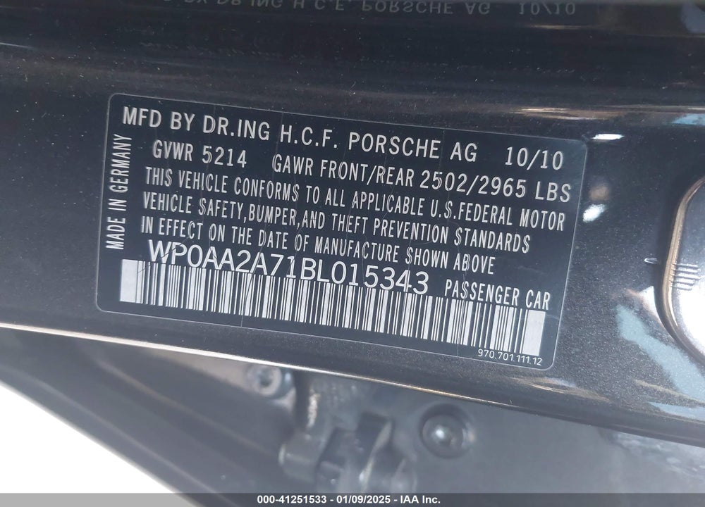 2011 PORSCHE PANAMERA 4 VIN: WP0AA2A71BL015343