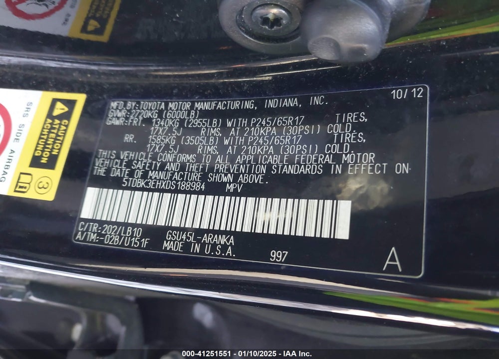 2013 TOYOTA HIGHLANDER SE V6 VIN: 5TDBK3EHXDS188984
