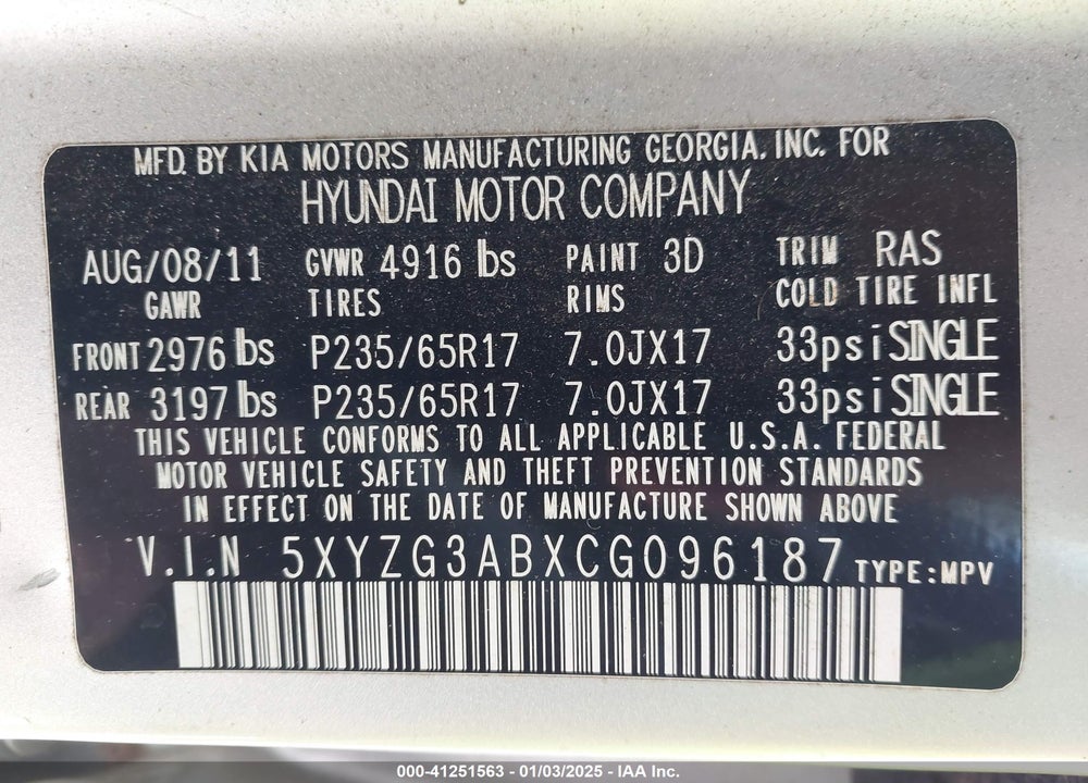 2012 HYUNDAI SANTA FE GLS VIN: 5XYZG3ABXCG096187