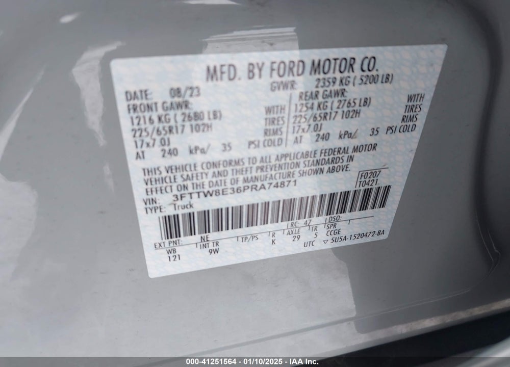 2023 FORD MAVERICK VIN: 3FTTW8E36PRA74871