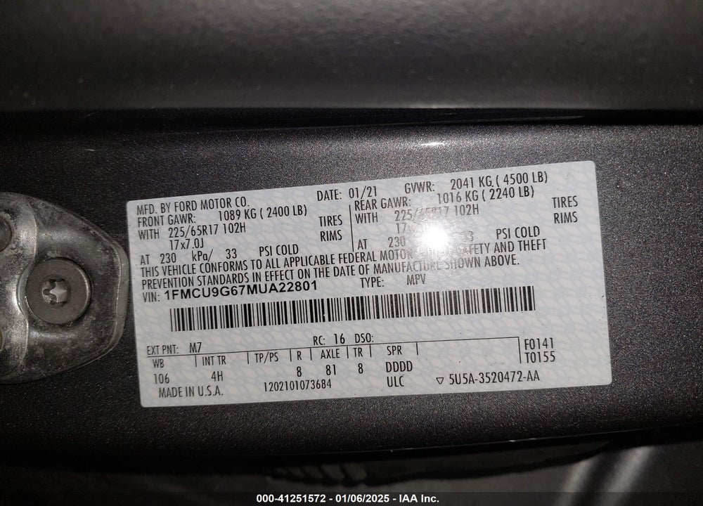 2021 FORD ESCAPE SE VIN: 1FMCU9G67MUA22801