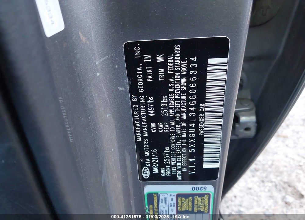 2016 KIA OPTIMA VIN: 5XXGU4L34GG066334