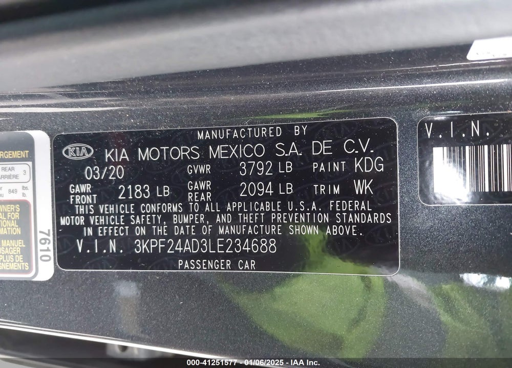 2020 KIA FORTE LXS VIN: 3KPF24AD3LE234688