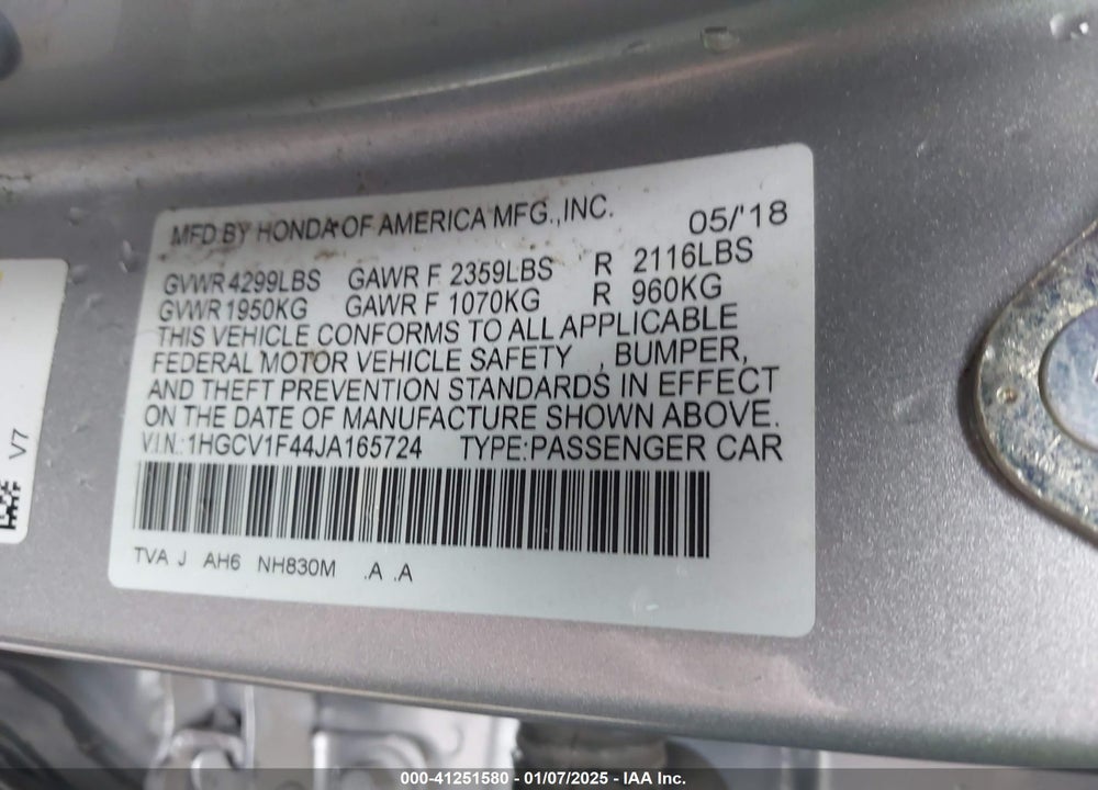2018 HONDA ACCORD EX VIN: 1HGCV1F44JA165724
