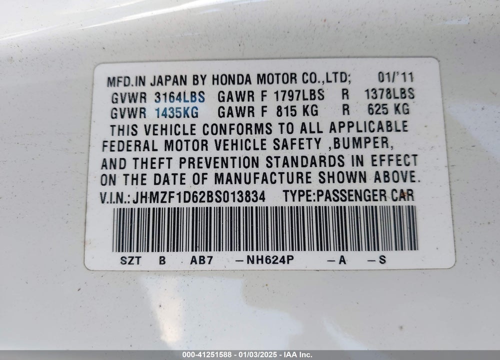 2011 HONDA CR-Z VIN: JHMZF1D62BS013834