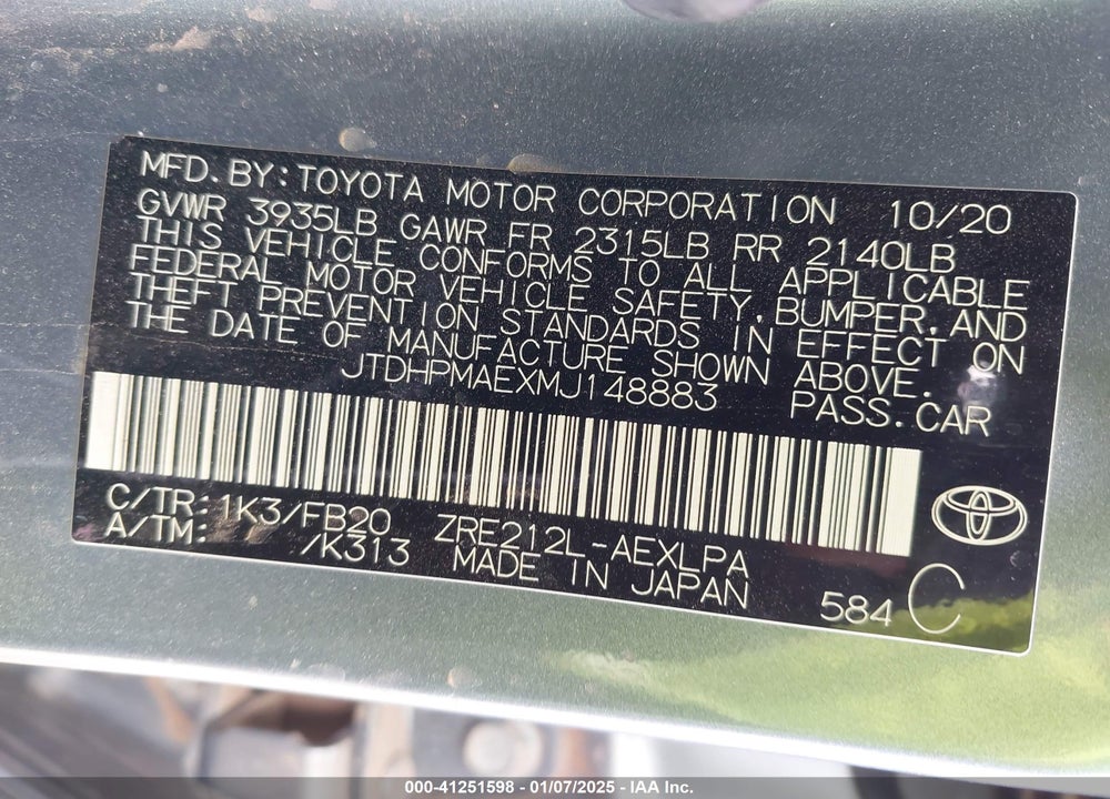 2021 TOYOTA COROLLA LE VIN: JTDHPMAEXMJ148883