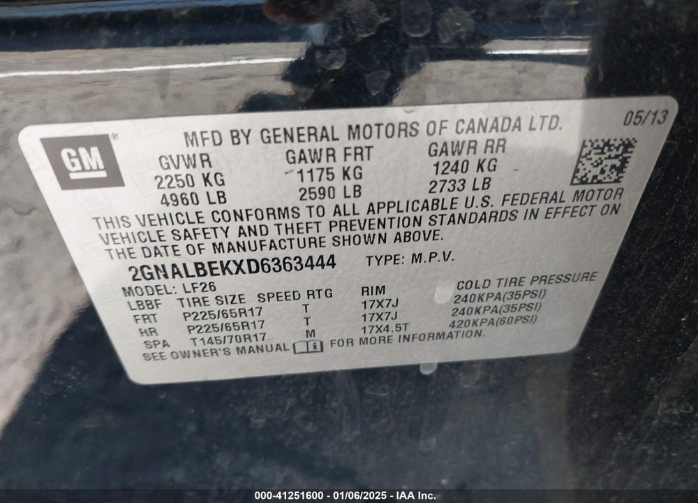 2013 CHEVROLET EQUINOX LS VIN: 2GNALBEKXD6363444