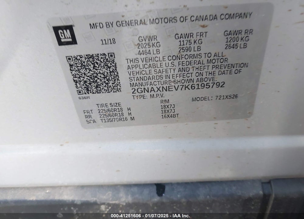 2019 CHEVROLET EQUINOX VIN: 2GNAXNEV7K6195792