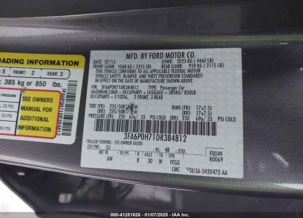 2013 FORD FUSION SE VIN: 3FA6P0H71DR384812