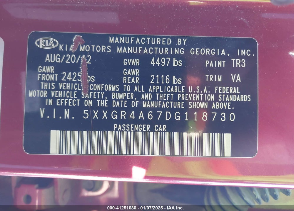 2013 KIA OPTIMA SX VIN: 5XXGR4A67DG118730