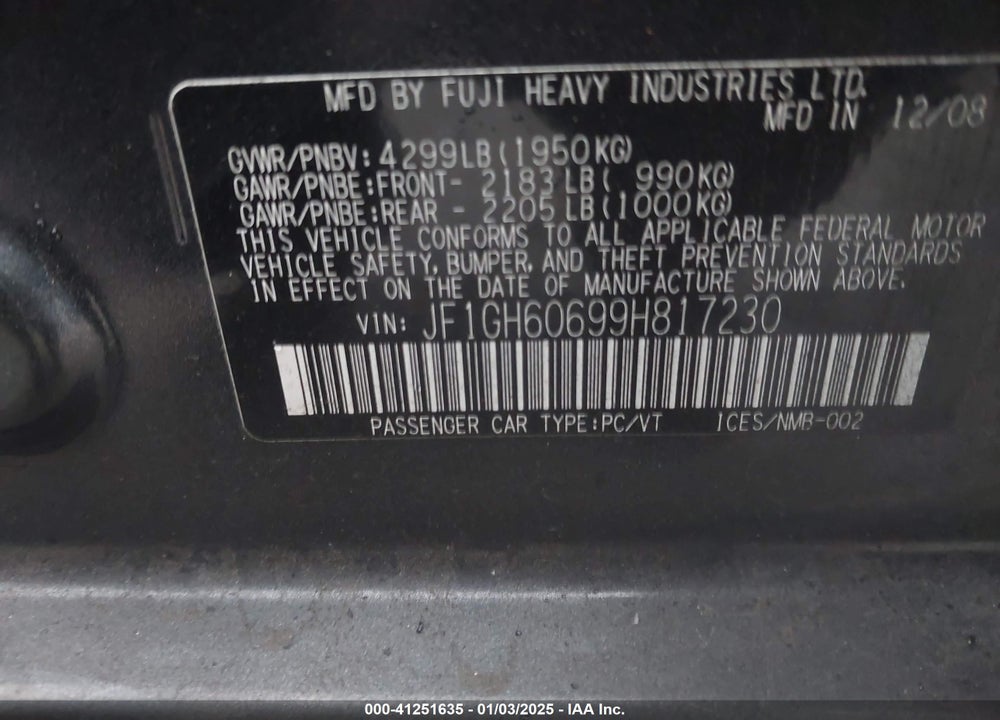 2009 SUBARU IMPREZA VIN: JF1GH60699H817230