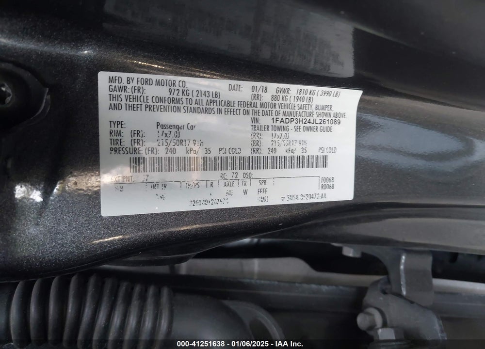 2018 FORD FOCUS SEL VIN: 1FADP3H24JL261089