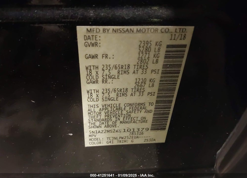 2019 NISSAN MURANO S VIN: 5N1AZ2MS2KN101379