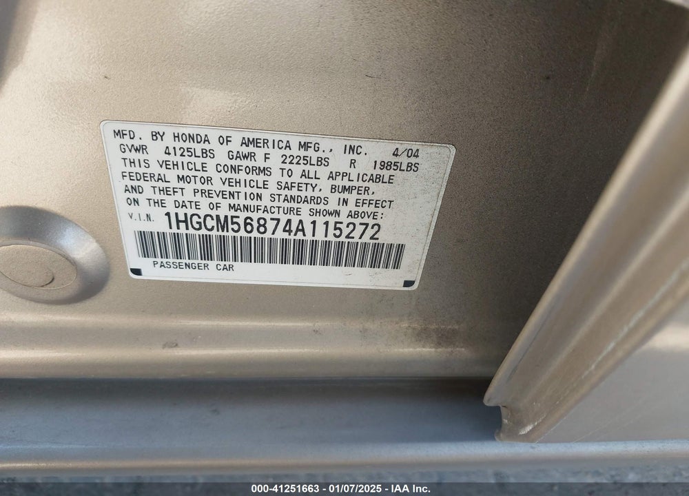 2004 HONDA ACCORD 2.4 EX VIN: 1HGCM56874A115272