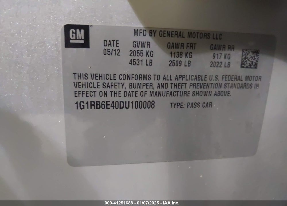 2013 CHEVROLET VOLT VIN: 1G1RB6E40DU100008