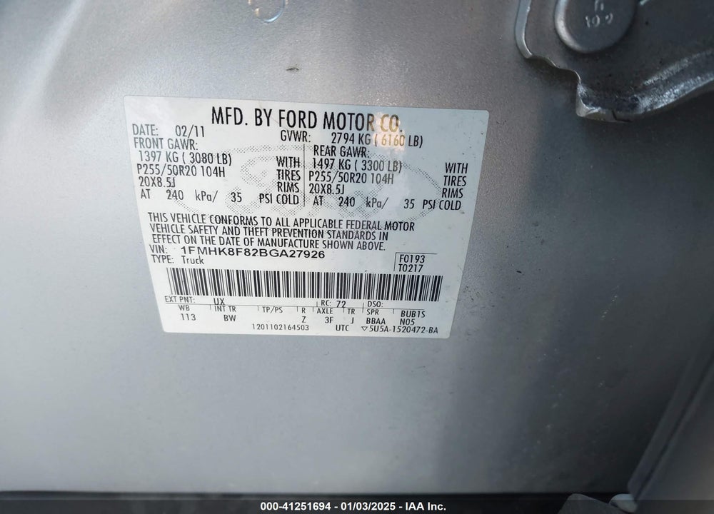 2011 FORD EXPLORER LIMITED VIN: 1FMHK8F82BGA27926