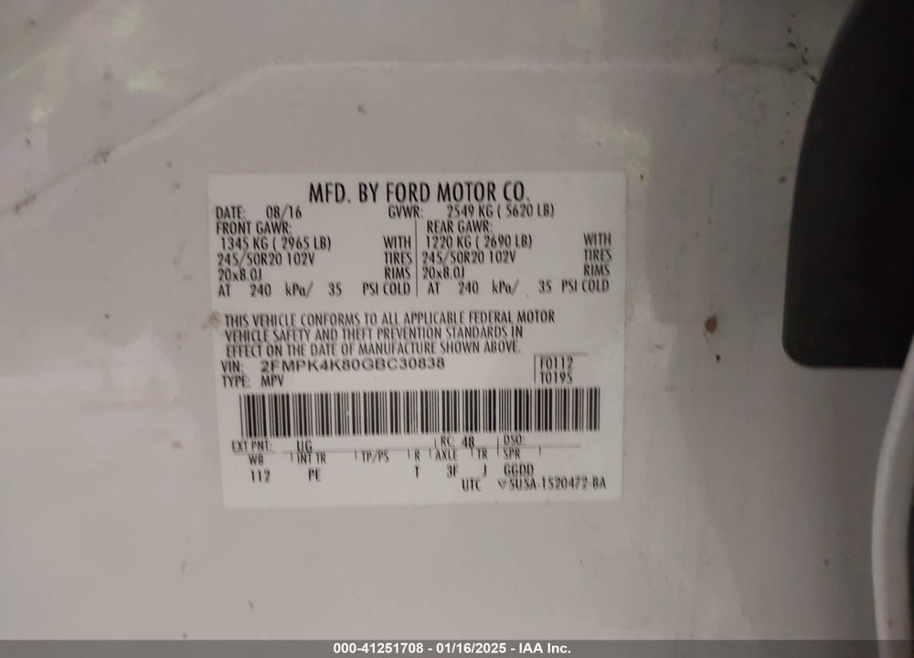 2016 FORD EDGE TITANIUM VIN: 2FMPK4K80GBC30838