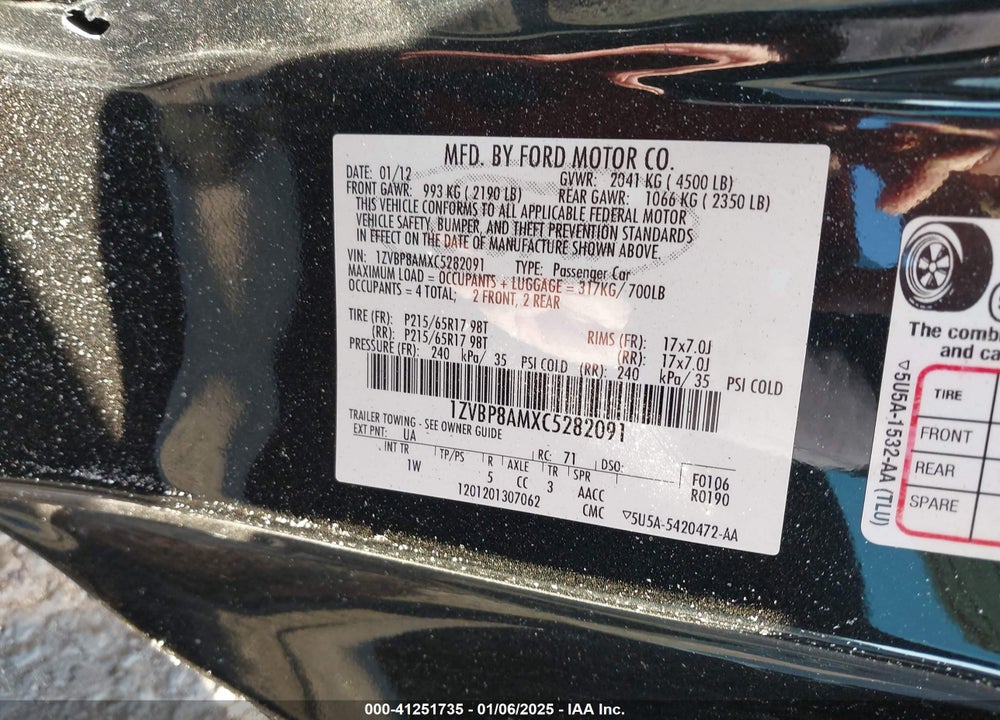 2012 FORD MUSTANG VIN: 1ZVBP8AMXC5282091