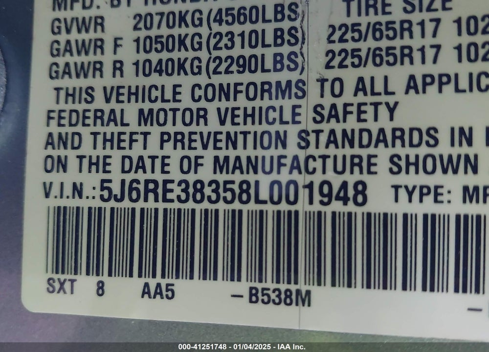 2008 HONDA CR-V LX VIN: 5J6RE38358L001948