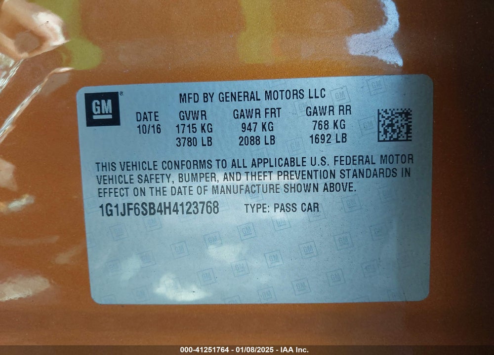 2017 CHEVROLET SONIC VIN: 1G1JF6SB4H4123768