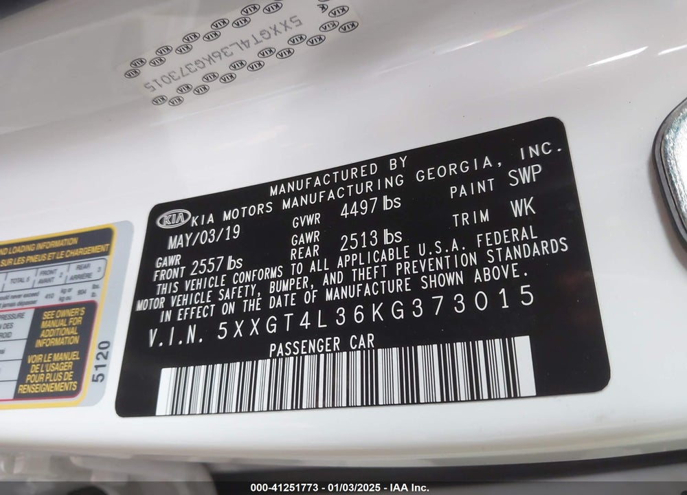 2019 KIA OPTIMA VIN: 5XXGT4L36KG373015