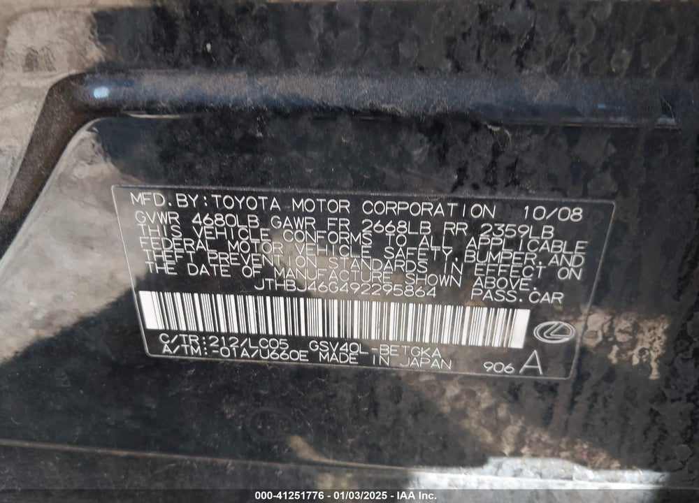 2009 LEXUS ES VIN: JTHBJ46G492295864